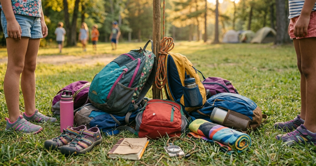 Mochilas e pertences num acampamento de verão