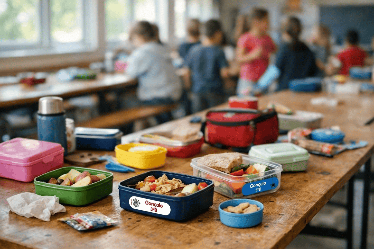 Várias louças na zona de refeição da escola